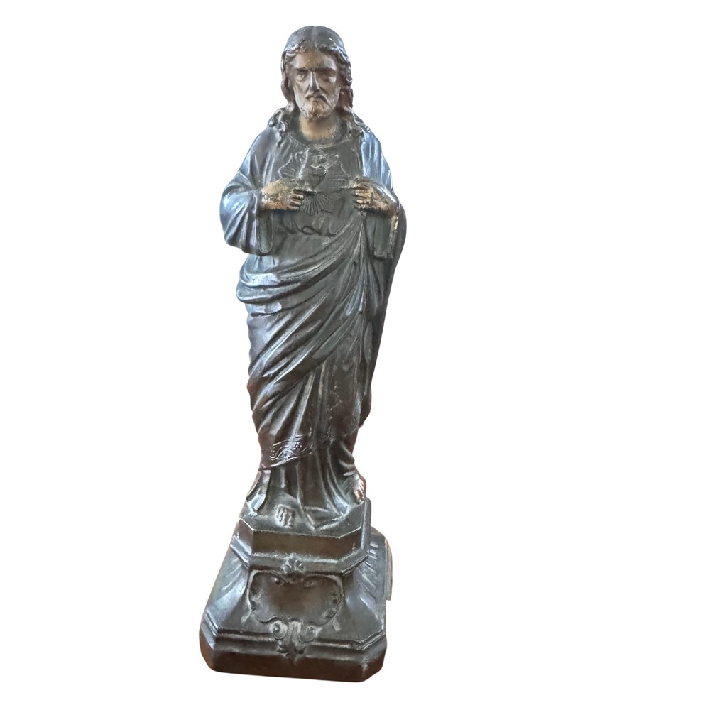 Vintage Metal Sacred Heart of Jesus Statue Figurine Religious Antique Style